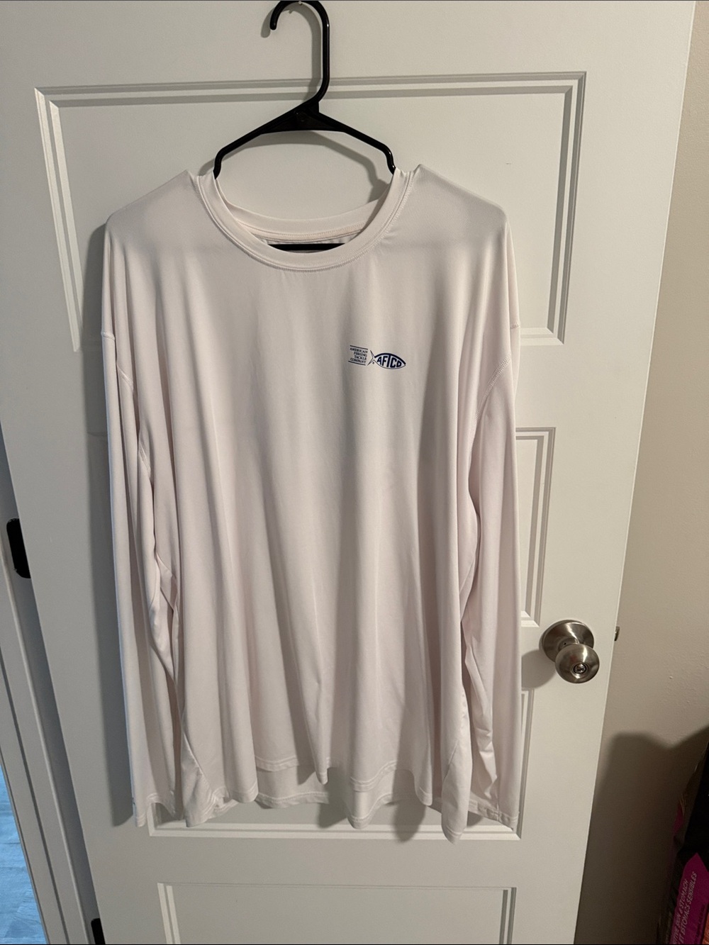 AFTCO Long Sleeve Performance Tee in White with Small Navy Logo